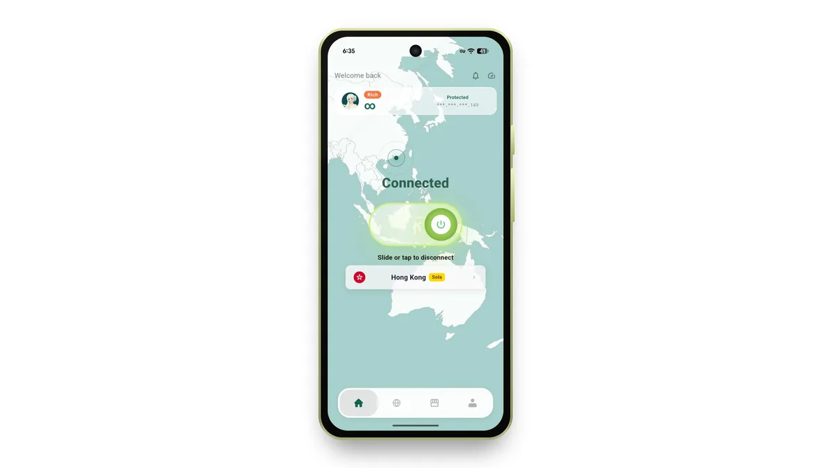 星連VPN 手機客戶端顯示已連線,節點為香港、協議為 Sola